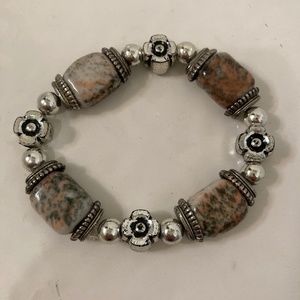 Bulky Bracelet / Native Handmade / cream gray stones / silver accents
